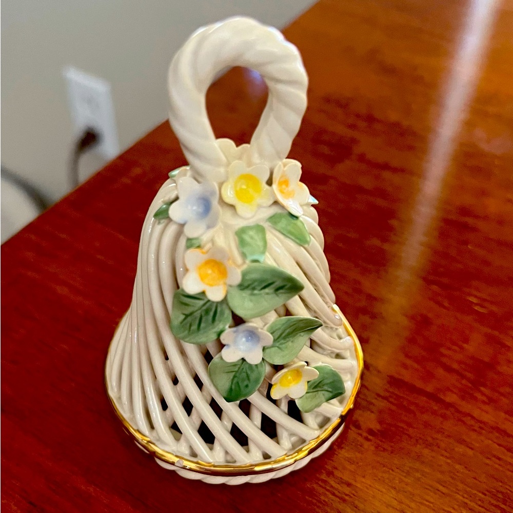 1980's from bell collection "Lenox like" weaved bell. Glass bell Rose on top.